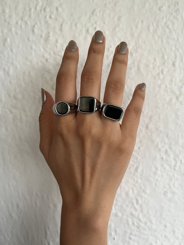 Obsidian Signet Ring Silver - Circle
