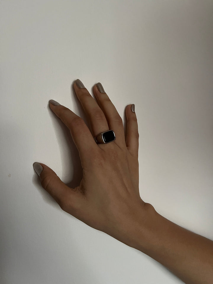 Obsidian Signet Ring Silver - Rectangle