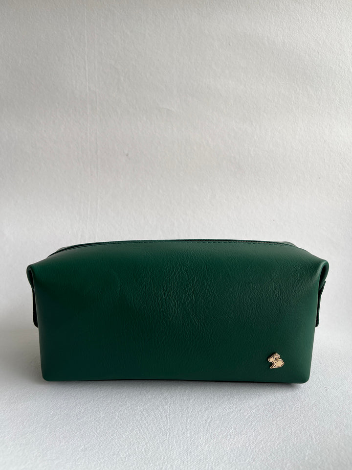 Green leather pouch with a brand logo on a white background